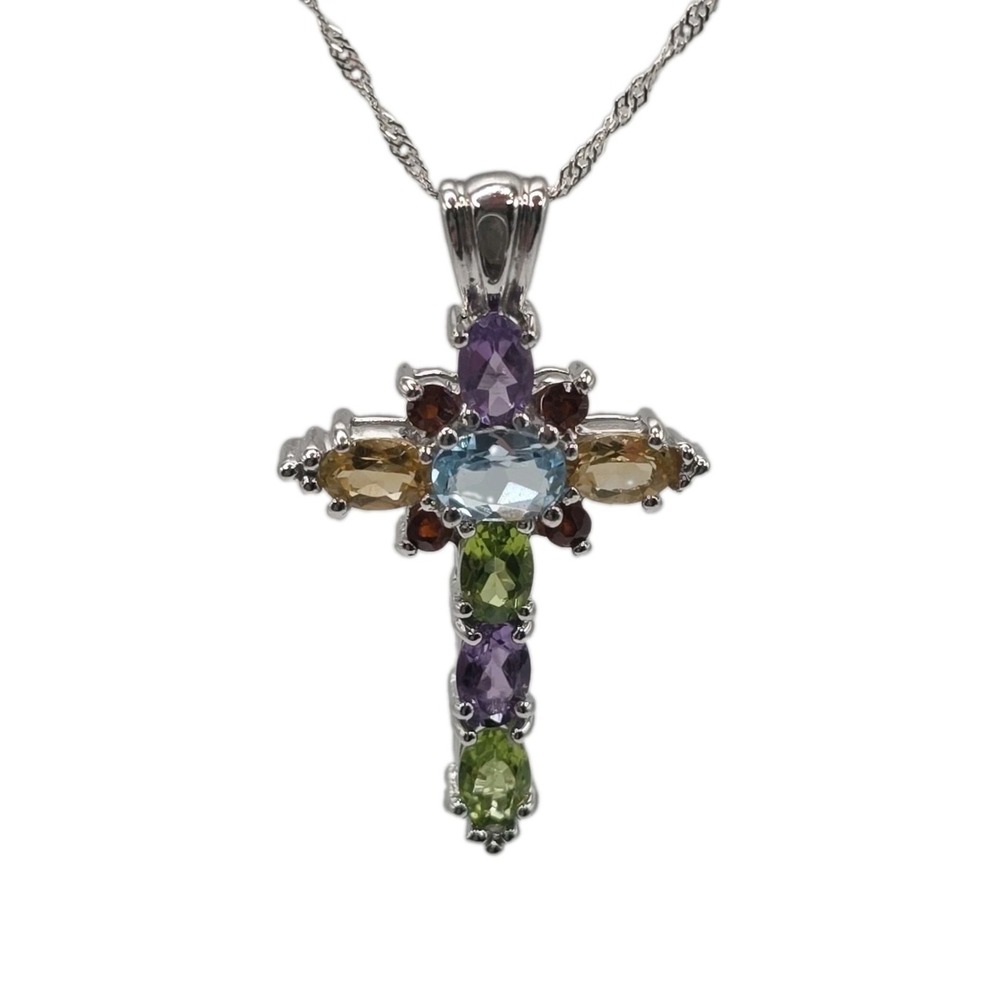 Sterling Silver Multi Gemstone Cross Pendant 17" 925 Chain Necklace Religious